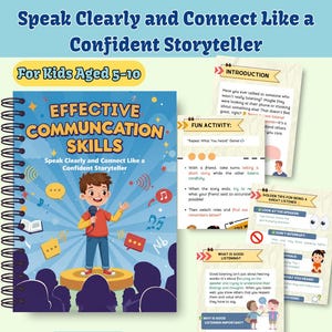 May include: A spiral-bound book titled "Effective Communication Skills" for children aged 5-10. The cover shows a cartoon boy speaking into a microphone. The book offers advice on speaking clearly and connecting like a confident storyteller. The book has 55 pages.