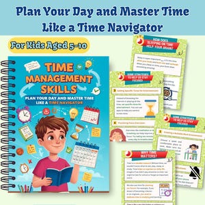 May include: A spiral-bound book titled "Time Management Skills" with a cartoon illustration of a boy holding a book. The book cover features a clock, calendar, and lightbulb icons. Additional pages detail time management strategies for kids aged 5-10.