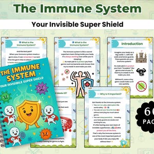 May include: A spiral-bound book titled "The Immune System: Your Invisible Super Shield" with colorful illustrations of germs and immune system defenders. The image includes informational pages and a "60 PAGE" graphic.