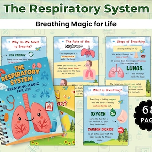 Puede incluir: Un cuaderno con espiral titulado "El sistema respiratorio: Respiración mágica para la vida" con ilustraciones de pulmones y diagramas relacionados. La imagen también incluye carteles educativos que explican la respiración y el papel del diafragma. Una pegatina negra indica que el cuaderno tiene 68 páginas.