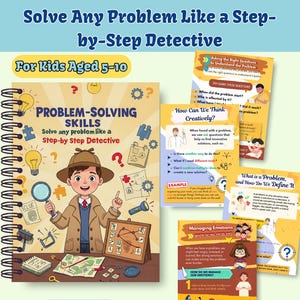 以下が含まれることがあります： 5～10歳向けの「問題解決スキル」というタイトルのスパイラル綴じの本。探偵をテーマにしており、表紙のイラストは虫眼鏡を持った漫画の探偵です。追加ページには問題解決の戦略が記載されています。