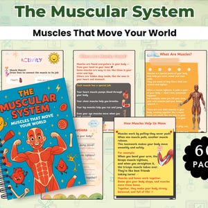 May include: An educational book titled "The Muscular System" with the subtitle "Muscles That Move Your World." The cover shows a cartoon illustration of a human figure with visible muscles. Additional pages and a "60 PAGE" graphic are also visible.