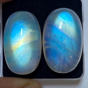 100.65 Ct Rainbow Moonstone Cabochon, Natural White Rainbow Oval Pair, Blue Fire Rainbow Moonstone tumbled, moonstone crystal for Jewelry