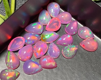 Ethiopian Pink Opal Cabochon lot: Flashy fire Pear Shape Loose Gemstone for Jewelry Making