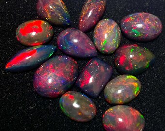 Ethiopian Opal Cabochon Lot: Black & Red Fire Mix, AAA Quality Gemstone