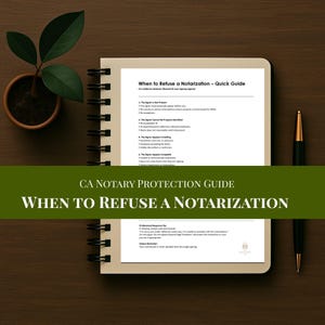 Può includere: Un taccuino a spirale con il testo "When to Refuse a Notarization - Quick Guide" e "CA Notary Protection Guide" su una superficie di legno. Sono visibili anche una penna e una piccola pianta in vaso.
