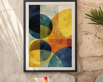 Arte mural geométrico amarillo y azul / Póster abstracto imprimible de estilo moderno de mediados de siglo / Descarga digital naranja y azul marino / Decoración minimalista colorida