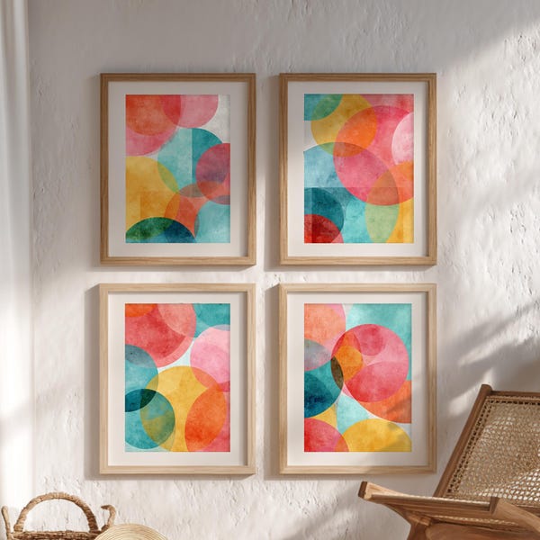 Conjunto de 4 láminas decorativas de verano a todo color / Láminas abstractas brillantes / Decoración bohemia costera / Círculos geométricos retro / Juego de láminas de descarga digital