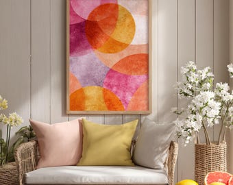 Oranje en roze abstracte muurkunstprint | Warm geometrisch kunstwerk | Modern boho-huisdecoratie | Minimalistische digitale downloadposter voor elke kamer