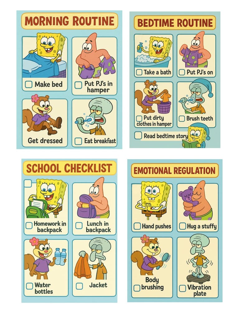 Songebob Inspired Printable Visual Routine Charts for Kids,morning ...