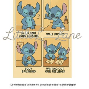 Könnte beinhalten: Ein Poster mit dem Titel „EMOTIONALE REGULIERUNG“ zeigt eine blaue Cartoonfigur in vier Panels. Die Panels veranschaulichen Techniken zur Emotionsregulierung: langsames Atmen, Wanddrücken, Körperbürsten und Aufschreiben von Gefühlen.