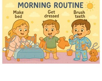 May include: A colorful illustration depicts a child's morning routine: making the bed, getting dressed, and brushing teeth. The text "MORNING ROUTINE" is at the top. The image is designed for children, with a sunny yellow background and cartoon-style characters.