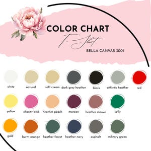 Puede incluir: Una carta de colores para camisetas Bella Canvas 3001, con una variedad de colores que incluyen blanco, negro, rojo, amarillo y verde. La carta tambi&eacute;n muestra tonos como melocot&oacute;n brezo, granate y verde militar. El texto "COLOR CHART T-Shirt" se muestra en la parte superior.