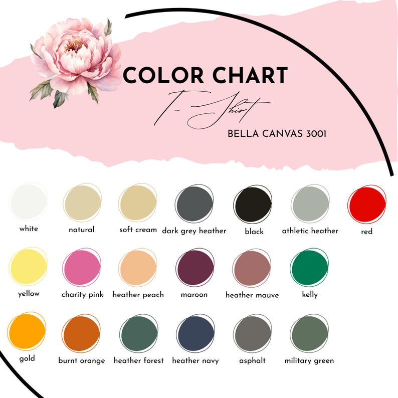 Puede incluir: Una carta de colores para camisetas Bella Canvas 3001, con una variedad de colores que incluyen blanco, negro, rojo, amarillo y verde. La carta tambi&eacute;n muestra tonos como melocot&oacute;n brezo, granate y verde militar. El texto "COLOR CHART T-Shirt" se muestra en la parte superior.