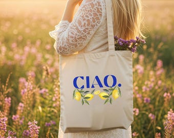 Ciao Lemon Fruit Tote Bag, Canvas Aesthetic Shopping, Cute Shoulder Bag, Reusable, Mediterranean Style, Gift For Italy Lovers, La Dolce Vita