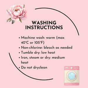 Puede incluir: Un gr&aacute;fico rosa con instrucciones de lavado, que incluyen lavar a m&aacute;quina a 40&deg;C, lej&iacute;a sin cloro, secar en secadora a baja temperatura, planchar a temperatura media y no limpiar en seco. Una ilustraci&oacute;n de lavadora rosa est&aacute; en la esquina inferior derecha.