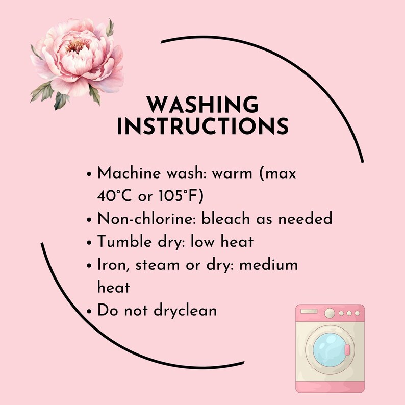 Puede incluir: Un gr&aacute;fico rosa con instrucciones de lavado, que incluyen lavar a m&aacute;quina a 40&deg;C, lej&iacute;a sin cloro, secar en secadora a baja temperatura, planchar a temperatura media y no limpiar en seco. Una ilustraci&oacute;n de lavadora rosa est&aacute; en la esquina inferior derecha.