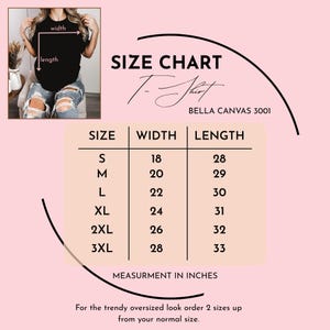 Puede incluir: Una camiseta negra con una tabla de tallas, que incluye medidas de ancho y largo en pulgadas. La tabla enumera las tallas S a 3XL, con anchos de 45.7 a 71.1 cm y largos de 71.1 a 83.8 cm. Tambi&eacute;n se ve el texto "BELLA CANVAS 3001".