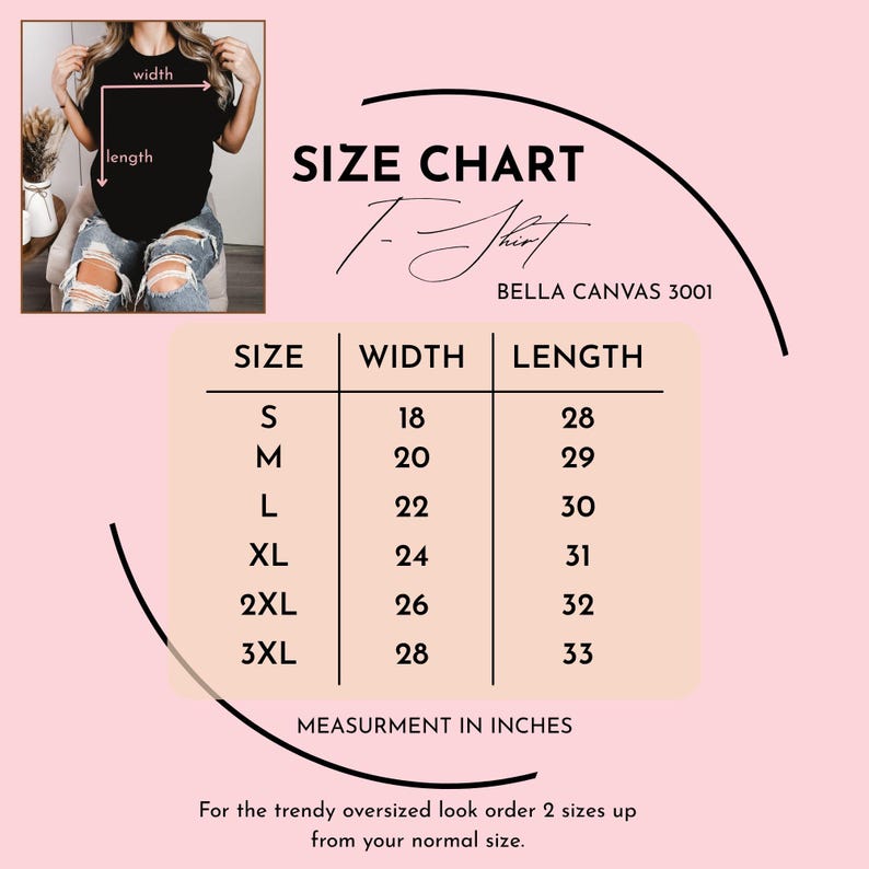 Puede incluir: Una camiseta negra con una tabla de tallas, que incluye medidas de ancho y largo en pulgadas. La tabla enumera las tallas S a 3XL, con anchos de 45.7 a 71.1 cm y largos de 71.1 a 83.8 cm. Tambi&eacute;n se ve el texto "BELLA CANVAS 3001".