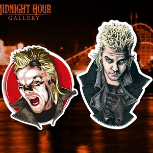 May include: Two sticker designs featuring a character with blonde hair and a black leather jacket. The character on the left is shown with a red background and has a fierce expression. The character on the right is shown with a white background and has a more serious expression.