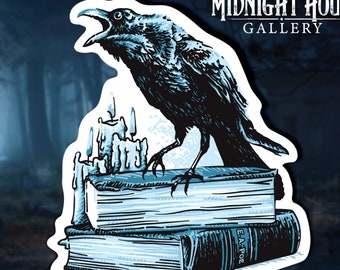 May include: A black raven perched on top of a stack of three books. The books are old and worn, with a blue and white color scheme. The top book has the text "E.A. POE" printed on the spine. The raven is looking to the left and has its beak open as if it is about to speak. There are three candles behind the raven, two of which are lit.