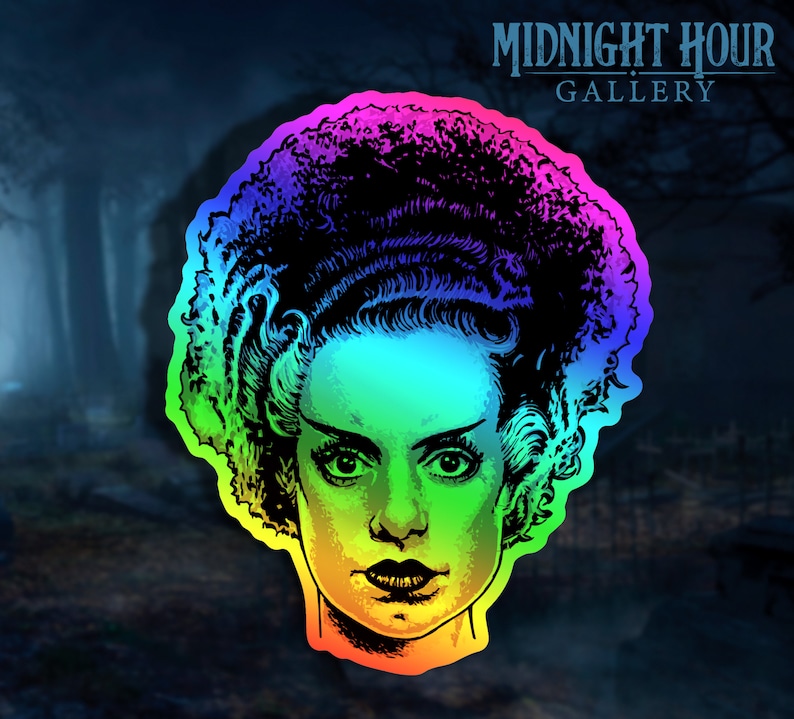 May include: A rainbow-colored sticker featuring a black and white illustration of the Bride of Frankenstein. The sticker has a glossy finish and is perfect for adding a spooky touch to any surface.