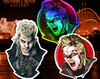 May include: Three die-cut stickers featuring a character with spiky blonde hair. One sticker shows a portrait in dark tones, while the other two depict the character with fangs and aggressive expressions, set against circular rainbow and red backgrounds.