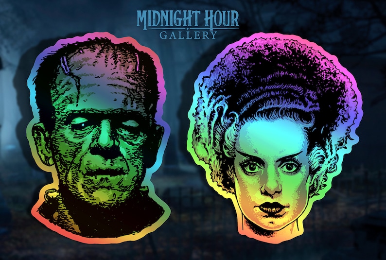 May include: Two iridescent stickers featuring the faces of Frankenstein's monster and his bride. The stickers have a rainbow holographic effect.