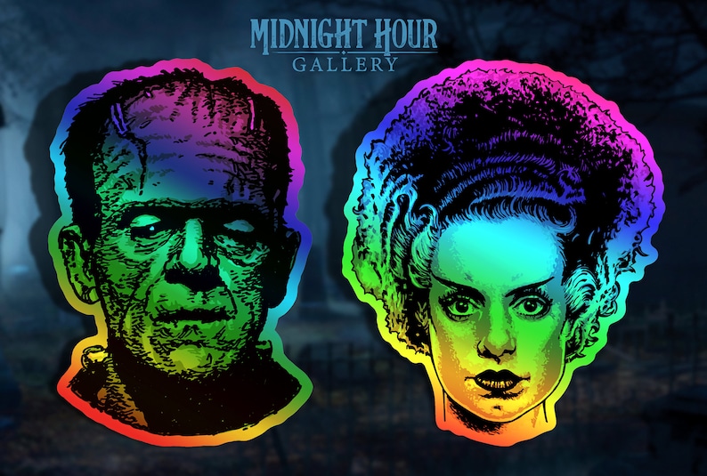 May include: A pair of rainbow holographic stickers featuring the iconic faces of Frankenstein's monster and his bride. The stickers are outlined in a rainbow color scheme.