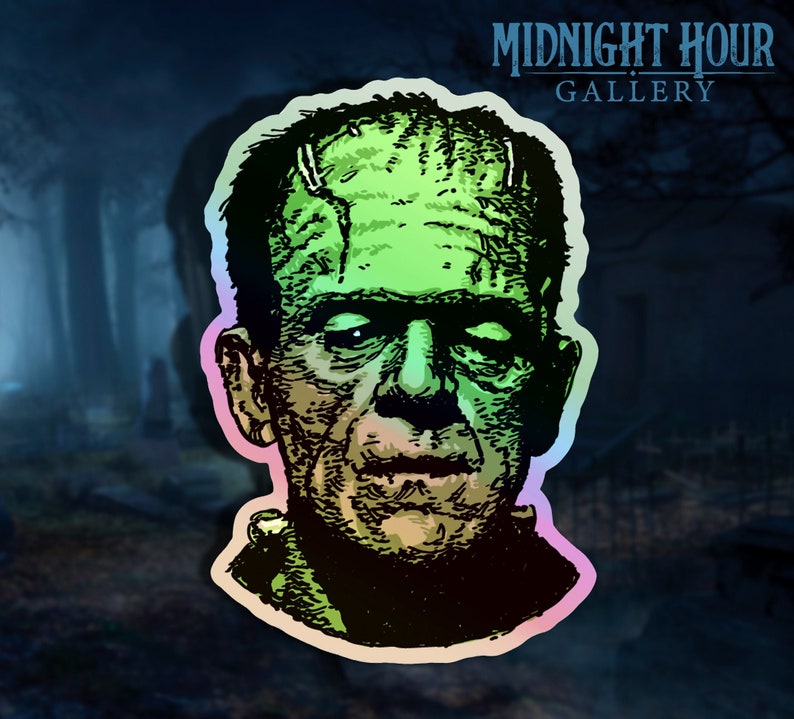 May include: A green and black illustration of Frankenstein's monster's face. The image is a sticker with a rainbow border.