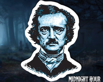 May include: A blue and white illustration of Edgar Allan Poe, a famous American author, with the text "MIDNIGHT HOUR GALLERY" below.