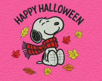 May include: Pink embroidered design featuring Snoopy wearing a red scarf, surrounded by autumn leaves. The text "HAPPY HALLOWEEN" arches above Snoopy. The text "3 SIZES" is above the main image. The bottom of the image has text: PES, DST, EXP, HUS, JEF, VP3, XXX, PDF.