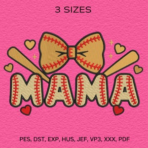 May include: Pink background with the word "MAMA" in baseball-themed letters, a baseball bow, and two baseball bats. The design includes hearts and the text "3 SIZES".