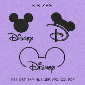 May include: Three black Disney-themed embroidery designs on a lavender background. The designs include Mickey Mouse ears and the Disney logo. Text at the top reads "3 SIZES". The bottom text lists embroidery file formats.