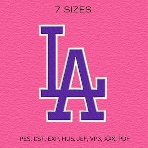 May include: A purple "LA" logo with a white outline is centered on a pink background. The text "7 SIZES" is above the logo. Below the logo are the file types: PES, DST, EXP, HUS, JEF, VP3, XXX, PDF.