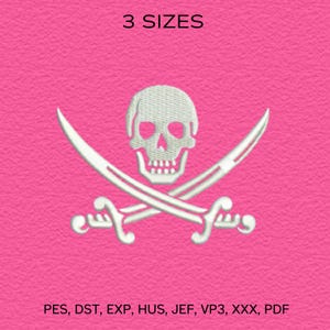May include: Embroidered pirate flag design with a skull and crossed swords in white on a pink background. The text "3 SIZES" is above the design. Below the design are the file types: PES, DST, EXP, HUS, JEF, VP3, XXX, PDF.