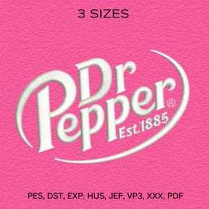 May include: A pink background with the Dr. Pepper logo in white, featuring the text "Dr Pepper Est. 1885." Above the logo, the text "3 SIZES" is displayed. Below the logo, various file formats are listed.