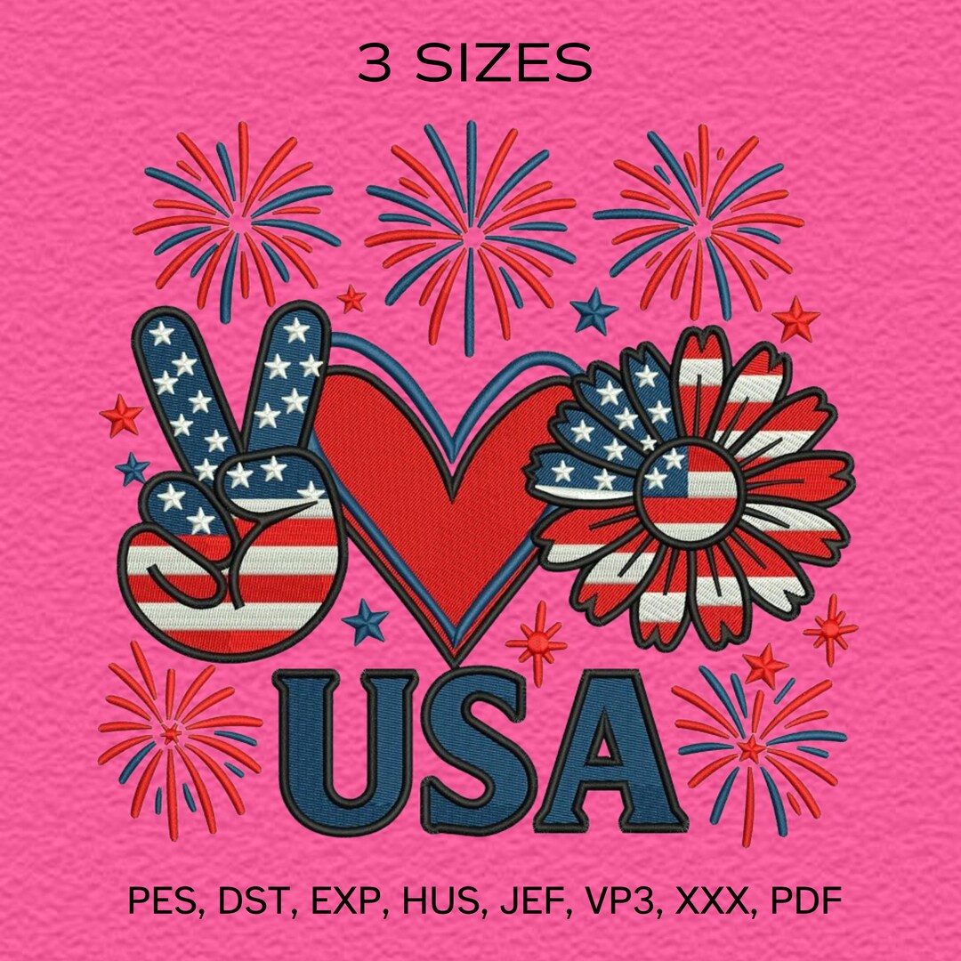 American Flag Embroidery Design – Peace Sign, Heart, Flower (digital ...