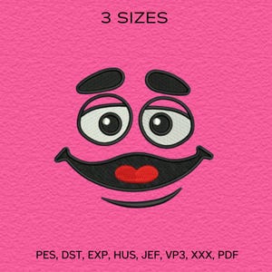 May include: Pink embroidered design of a smiling face with black eyebrows, eyes, and mouth, and a red tongue. The text "3 SIZES" is above the face. Below the face are the file formats: PES, DST, EXP, HUS, JEF, VP3, XXX, PDF.