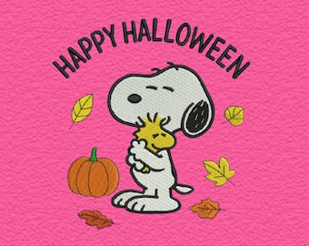 May include: A pink background with the text "4 SIZES" at the top. The words "HAPPY HALLOWEEN" are arched across the top. Snoopy and Woodstock are hugging. A pumpkin and leaves are also shown. The bottom of the image has the text "PES, DST, EXP, HUS, JEF, VP3, XXX, PDF".