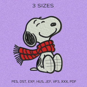 May include: An embroidered design of a cartoon dog wearing a red scarf, sitting with its legs crossed. The text "3 SIZES" is above the dog. Below the dog are the file types: PES, DST, EXP, HUS, JEF, VP3, XXX, PDF. The background is a solid lavender color.