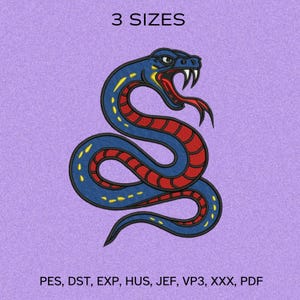 May include: A blue snake design with red and yellow accents, and the text "3 SIZES" at the top. The snake has an open mouth and a forked tongue. The image also includes file format information at the bottom.