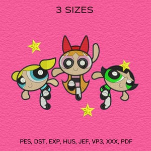 Disegno da ricamo per ragazze supereroine dei cartoni animati - File digitale per ricamo a macchina con trio di simpatici personaggi - Download immediato