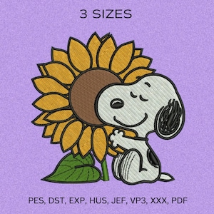 May include: An embroidered design of Snoopy embracing a sunflower. The sunflower has yellow petals and a brown centre. Snoopy is white with black details, set against a light purple background. The text "3 SIZES" is at the top of the image.