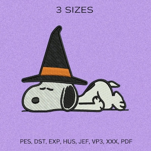 May include: An embroidered design of a cartoon dog wearing a black witch hat with an orange band, lying down on a purple background. The text "3 SIZES" is above the dog. Below the dog are the file formats: PES, DST, EXP, HUS, JEF, VP3, XXX, PDF.