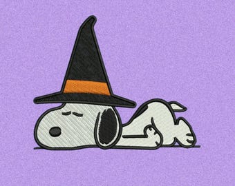 May include: An embroidered design of a cartoon dog wearing a black witch hat with an orange band, lying down on a purple background. The text "3 SIZES" is above the dog. Below the dog are the file formats: PES, DST, EXP, HUS, JEF, VP3, XXX, PDF.
