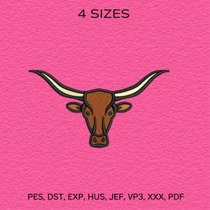 May include: A brown longhorn head with black and cream accents is centered on a pink background. The text "4 SIZES" is at the top, and "PES, DST, EXP, HUS, JEF, VP3, XXX, PDF" is at the bottom.
