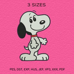 以下が含まれることがあります： 黒い耳、赤い首輪、笑顔の顔をした漫画の犬の刺繍デザイン。「3 SIZES」の文字が犬の上にあります。背景は無地のピンク色です。犬の下にはファイル形式の略語があります。