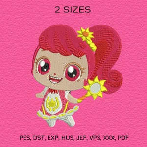 Cute Anime Girl Embroidery Design – Magical Princess Character with Wand – Kawaii Machine Embroidery File – Digital Download