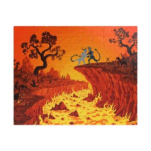 May include: A completed jigsaw puzzle featuring a fiery landscape with two horned figures on a cliff. The puzzle has an orange and yellow color scheme, with a lava river and silhouetted figures in the background. The artwork has a cartoonish style.